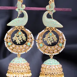 Sukkhi Sea Green Gold-Plated Beaded Meenakari Peacock Shaped Jhumkas-picture-25
