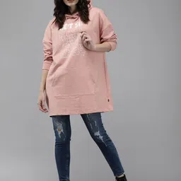 Roadster Women Peach-Coloured Printed Hooded Longline Sweatshirt-picture-16