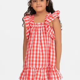 KIDKLO Girls Red Checked Oversized Ruffle Sleeves A-Line Dress-image-30
