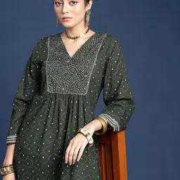 Taavi Bindu Geometric Printed Yoke Design Sequinned A-Line Pure Cotton Kurta image 1