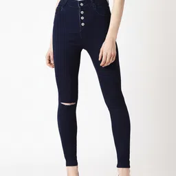 Miss Chase Women Navy Blue Skinny Fit High-Rise Slash Knee Jeans-picture-34