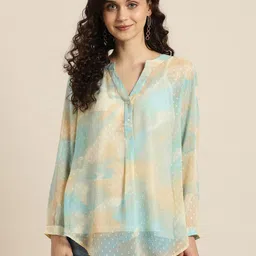Qurvii Women Multicoloured Abstract Print Mandarin Collar Georgette Shirt Style Top-picture-37