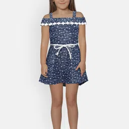 Peppermint Girls Blue Printed Fit and Flare Dress-image-91