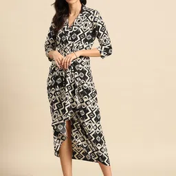 MABISH by Sonal Jain Ethnic Motifs Printed Gathered Detail Wrap Midi Dress-image-61