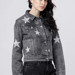 Tokyo Talkies Women Grey Printed Denim Jacket-image-68