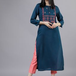 Vishudh Women Teal Yoke Design Straight Kurta-picture-6