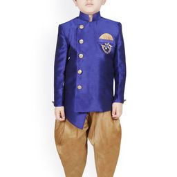 SG YUVRAJ Boys Blue & Gold-Coloured Solid Silk Sherwani-picture-4
