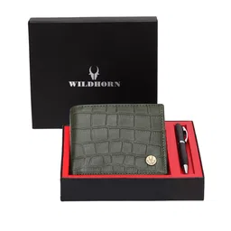 WildHorn Men Green RFID Protected Genuine Leather Wallet & Pen Accessory Gift Set-picture-36