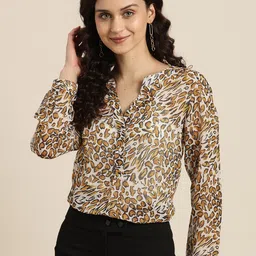 Qurvii Mustard Yellow & Black Animal Print Mandarin Collar Georgette Shirt Style Top-picture-16
