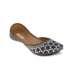 Fulkari Women Grey Embellished Leather Mojaris-image-74