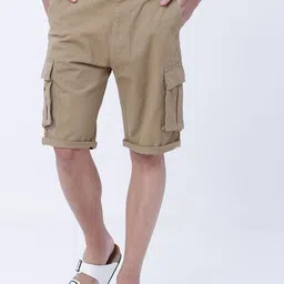 HIGHLANDER Men Khaki Solid Slim Fit Cargo Shorts-image-4