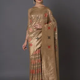 Mitera Beige & Gold-Coloured Silk Blend Woven Design Kanjeevaram Saree-picture-39