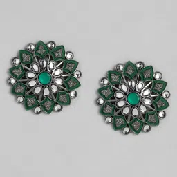 I Jewels Green & Silver-Toned Circular Studs Earrings image 2