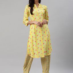 Biba Women Yellow & Pink Printed Kurta with Trousers-picture-48