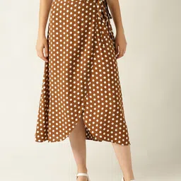 MANGO Women Brown & White Polka Dot Print Wrap Skirt image 1