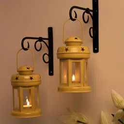 Homesake Set of 2 Yellow Metal Decorative Lantern Shaped Candle Holders-picture-41