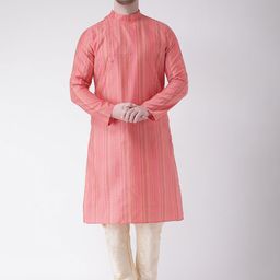 DEYANN Men Pink & Cream-Coloured Self Design Kurta with Churidar-picture-39