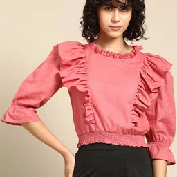 WoowZerz Bell Sleeves Ruffles Smocked Cotton Crop Top-picture-23