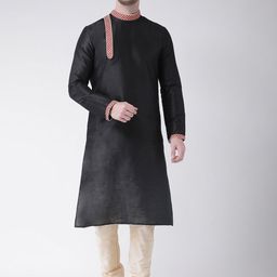 DEYANN Men Black & Cream-Coloured Self Design Kurta with Churidar-picture-48