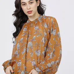 Tokyo Talkies Rust Floral Tie-Up Neck Regular Top-picture-36