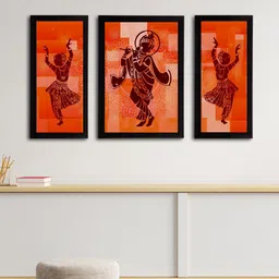 eCraftIndia 3-Panelled Orange  Lord Krishna & Dancing Ladies Satin Matt UV Wall Art-picture-35