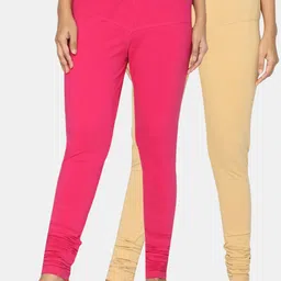 TSG Bliss Women Pack Of 2 Beige & Fuchsia Solid Churidar-Length Leggings-image-13