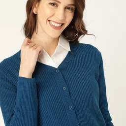 DressBerry Women Blue Ribbed Cardigan Sweater-picture-35
