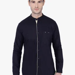 Kuons Avenue Men Navy Blue Slim Fit Solid Cotton Linen Casual Shirt-image-11