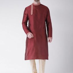 DEYANN Men Maroon & Cream-Coloured Self Design Kurta with Churidar-picture-45