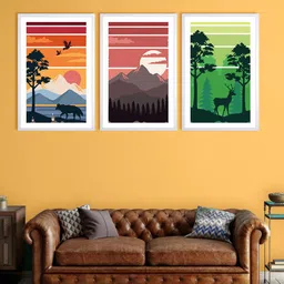 999Store Set Of 3 Black & Green Deer Wolf Sunset Printed Wall Art-image-9