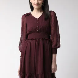 Antheaa Women Burgundy Self Design A-Line Dress-picture-30