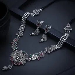 Sukkhi Oxidised Rhodium-Plated Silver-Toned Green & Red Stone-Studded Jewellery Set-picture-18