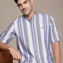 Nautica Pure Cotton Striped Band Collar Roll-Up Sleeves Slim Fit Casual Shirt-picture-37