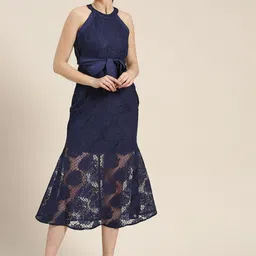 WoowZerz Women Navy Blue Lace Semi-Sheer Sheath Dress-image-72