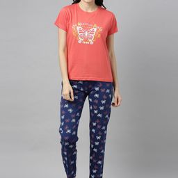 Kryptic Women Orange & Navy Blue Printed Night suit-picture-1