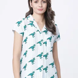 Tokyo Talkies Women White & Blue Printed Sleep Shirt-image-29