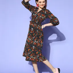 plusS Black & Orange Floral A-Line Midi Dress-picture-12