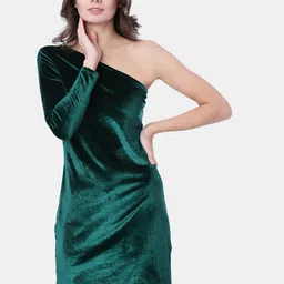Tokyo Talkies Women Green Solid One Shoulder Sheath Dress-image-58