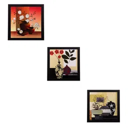 eCraftIndia Multicoloured Set of  3 Flowers & Vase UV Wall Art image 1