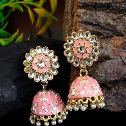 Crunchy Fashion Pinlk & Off-White Gold-Plated Studded & Beaded Enamelled Jhumkas-image-52