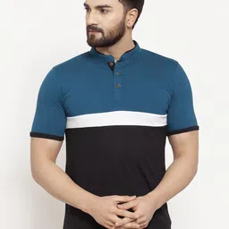 Kalt Men Teal Blue & Black Colourblocked Mandarin Collar T-shirt-picture-13