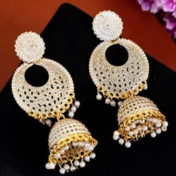 Crunchy Fashion White & Gold Plated Antique Jhumkas-picture-21