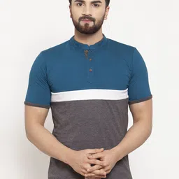 Kalt Men Teal Blue & Grey Colourblocked Mandarin Collar T-shirt-picture-15