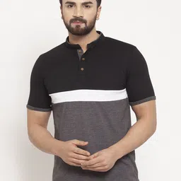 Kalt Men Charcoal Grey & Black Colourblocked Mandarin Collar T-shirt-picture-20