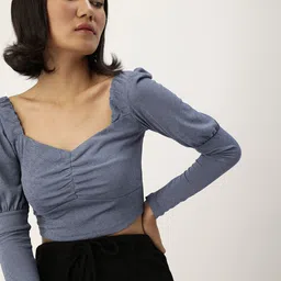 Veni Vidi Vici Grey Melange Sweetheart Neck Puff Sleeves Fitted Crop Top-picture-20