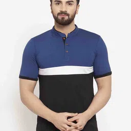 Kalt Men Blue & Black Colourblocked Mandarin Collar T-shirt-picture-10