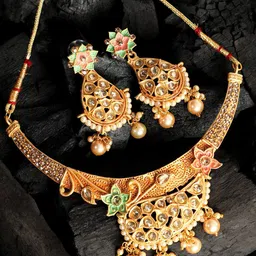 ANIKAS CREATION Gold-Plated Off-White & Green Stone-Studded Beaded Enamelled Sustainable Jewellery Set image 3
