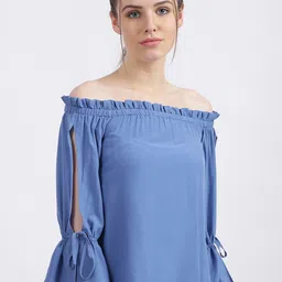 Zink London Blue Off-Shoulder Slit Sleeves Bardot Top-picture-10