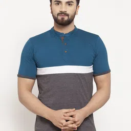 Kalt Men Teal Blue & Grey Colourblocked Mandarin Collar T-shirt-picture-36