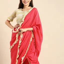 Sangria Pink Solid Silk Blend Palazzo Saree with Ruffle Border-picture-36